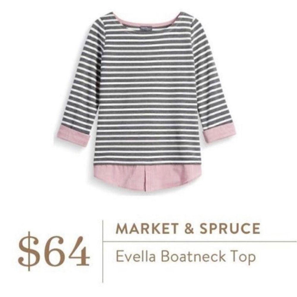 Market & Spruce Evella‎ Boatneck Striped Layered Top 3/4 Length Sleeves Gray SM